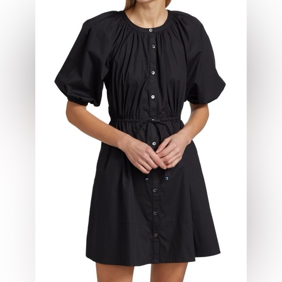 STAUD Black Vincenza Puff-Sleeve Short Dress with Button Detail Size: L - Picture 1 of 12